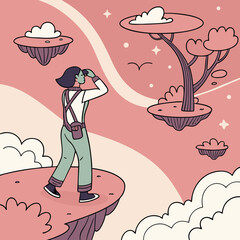 Woman with binoculars looking out at a surreal floating landscape