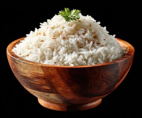 White rice in a wooden bowl on a black background for food design and mockups