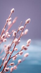 Spring willow branches bloom with fluffy gray kittens, creating a magical scene