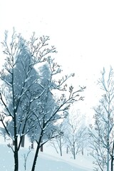Snowy winter forest scene with trees and snowy branches in a minimalistic style