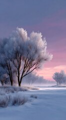 Winter landscape featuring frost-covered trees in a misty sunrise setting with soft colors
