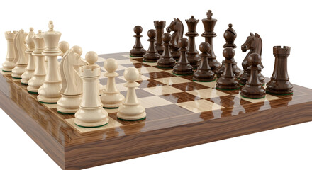 Chessboard with White and Black Wooden Chess Pieces Set on Elegant Wooden Table