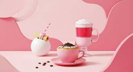 Pink coffee cup with latte art and a layered pink drink with whipped cream