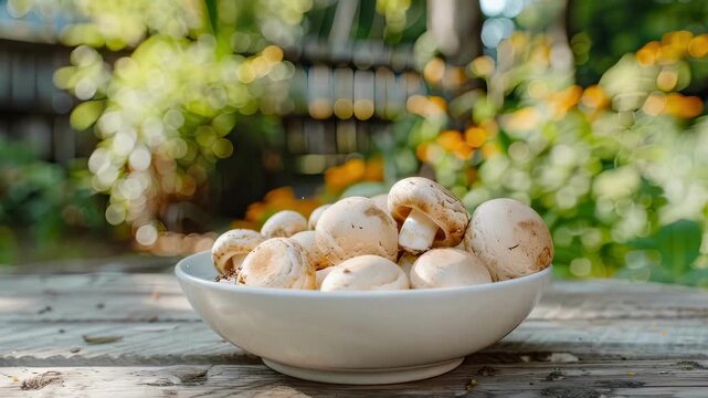 mushrooms in a white bowl on a wooden table. Selective focus