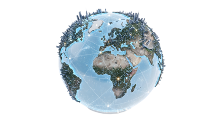 Digital Globe of Earth with City Skylines and Network Connections in Modern Style