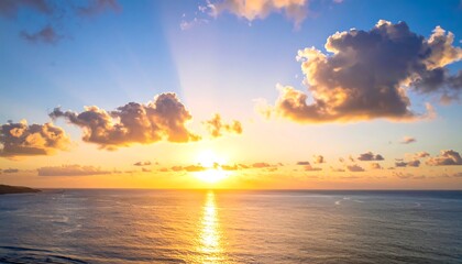 Obraz premium A breathtaking depiction of a coastal sunrise, with the radiant sun illuminating the sky and reflecting on the ocean