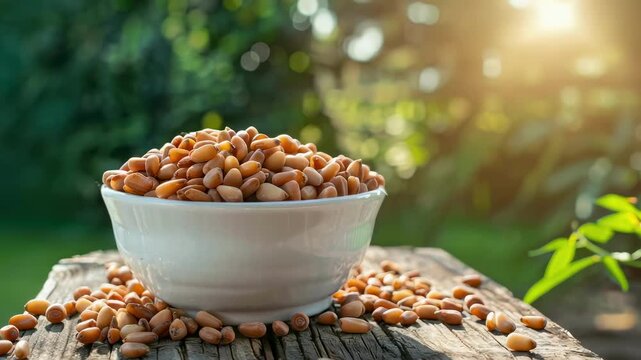 pine nuts coconut in a bowl in a white bowl on a wooden table. Selective focus