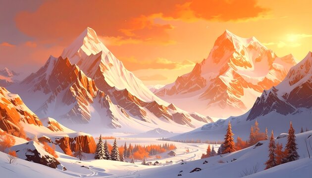 A breathtaking digital painting showcasing majestic, snow-capped peaks bathed in the warm glow of a setting sun, illuminating the valley