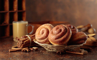 Swedish cinnamon rolls and coffee latte on a brown background.