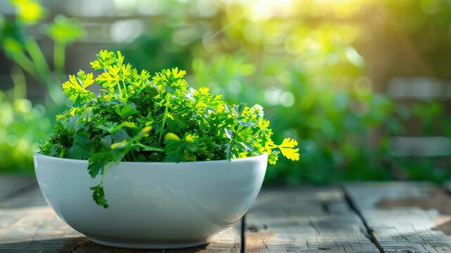 fresh parsley in a bowl in a white bowl on a wooden table. Selective focus