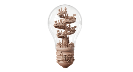 Light Bulb Containing Wooden Chess Set with Spiral Ramps and Miniature Flags in Neutral Tones