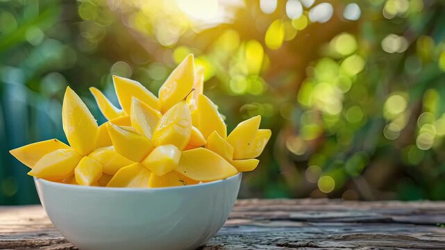 Carambola in a bowl in a white bowl on a wooden table. Selective focus