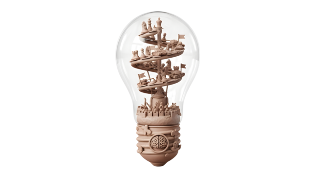 Light Bulb Containing Wooden Chess Set with Spiral Ramps and Miniature Flags in Neutral Tones