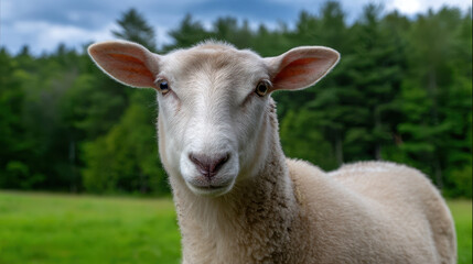 Fototapeta premium Sheep with white wool and large ears stands calmly in green field with forest trees under cloudy sky
