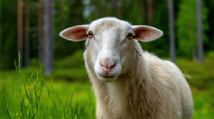 Fototapeta premium Sheep with white wool standing in green grass field with forest background, calm and peaceful farm animal portrait