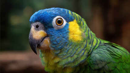 Obraz premium Colorful parrot with blue head, yellow cheek patch, and green feathers showing detailed texture and bright eye