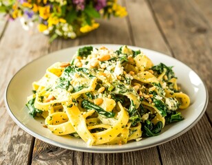 Creamy spinach tagliatelle with pine nuts on a plate