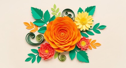 Handmade paper quilling flowers and leaves in vibrant orange, red, and yellow