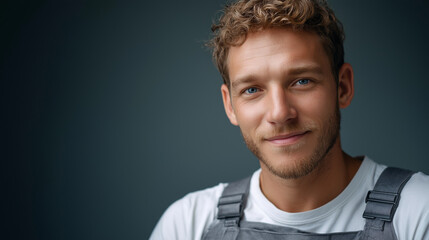 Portrait of young smiling pro worker wearing gray overalls white t-shirt on gray background, Caucasian man posing at camera, repairman, builder, engineer, construction worker, mech