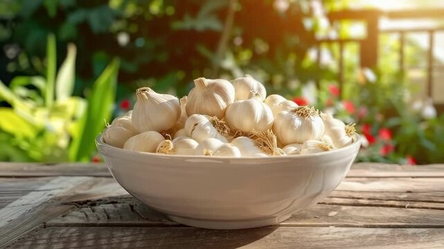 garlic in a white bowl on a wooden table. Selective focus