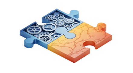 Two Interlocking Puzzle Pieces with Gears and Decorative Pattern in Bright Colors