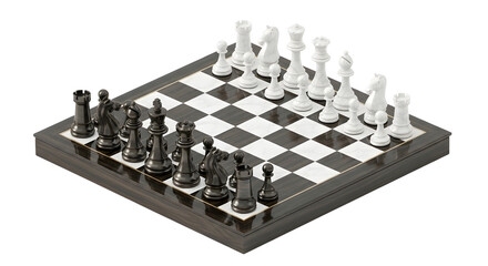 Black and White Chess Set on Wooden Board Ready for Play