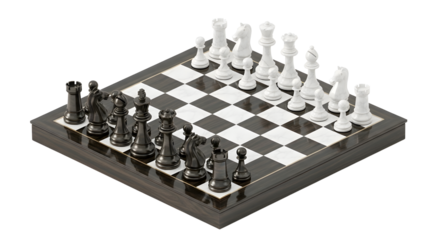 Black and White Chess Set on Wooden Board Ready for Play
