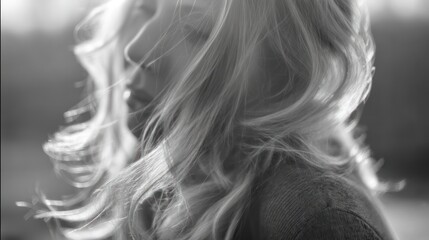 Woman in profile with flowing hair in black and white photography