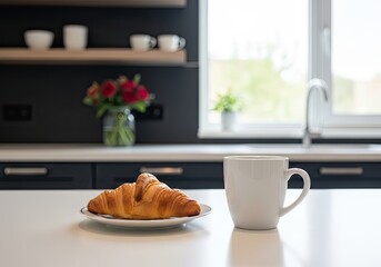 Fresh Croissant on Plate and White Mug on White Countertop in Modern Kitchen