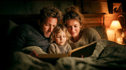 parents reading bedtime story to child