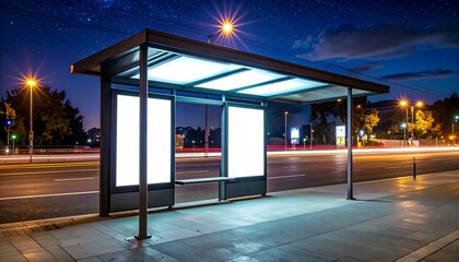 Fototapeta premium A bus stop illuminated at night with bright white advertising boards and street lights against a starry backdrop