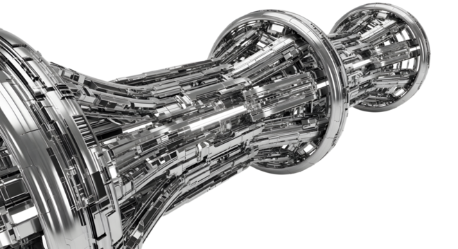 Futuristic Metallic Mechanical Device with Complex Circuitry in Silver Tones