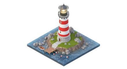 Lighthouse on Rocky Island Surrounded by Water with Dock and Boat in Bright Daylight