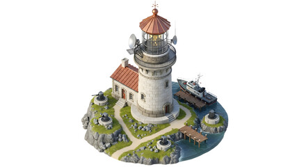 Lighthouse on Rocky Island with Boat Dock and Small House in Bright Natural Light