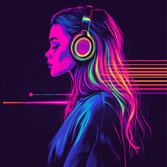 Neon girl with headphones in synthwave style