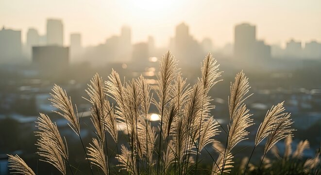 Golden Reeds Silhouetted Against a Hazy Cityscape at Sunrise