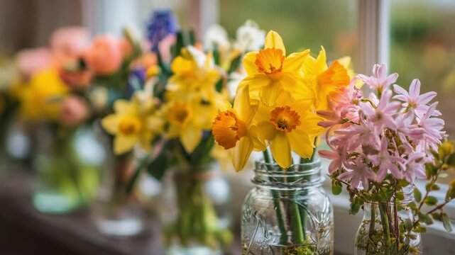 A row of glass jars on a windowsill filled with bright spring flowers, including yellow daffodils and pink hyacinths.