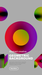 Abstract colorful shapes overlap gray background. Circles, gradients create modern design. Text promotes geometric backdrop.