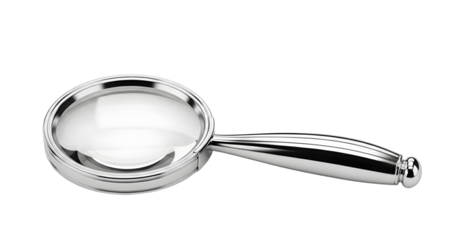 Silver Magnifying Glass on White Background with Reflection