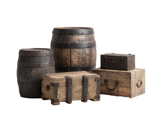 Aged wooden barrels and chests