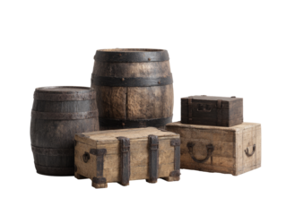 Aged wooden barrels and chests