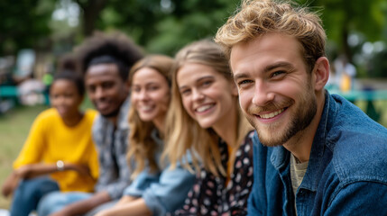 Fototapeta premium Group of young adults expressing joy and support at a public gathering, under gentle natural light, showcasing vibrant energy and unity, serene community scene, calm gathering ligh