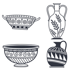 Vector art of ancient greek pottery vector illustration set of antique vases and bowls with traditional ornaments, classic decorative design