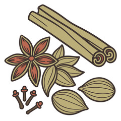 Vector art of aromatic spices illustration featuring cinnamon sticks, star anise, cloves, and cardamom pods for culinary and flavoring purposes