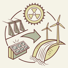 Vector art of illustration depicting various sources of energy, including nuclear, hydroelectric, solar, and wind power, showcasing a cycle of renewable and nonrenewable resources