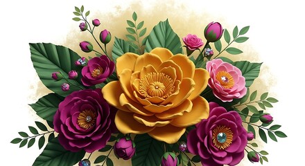 Vibrant bouquet of assorted flowers including a large yellow bloom, deep pink roses, and green foliage