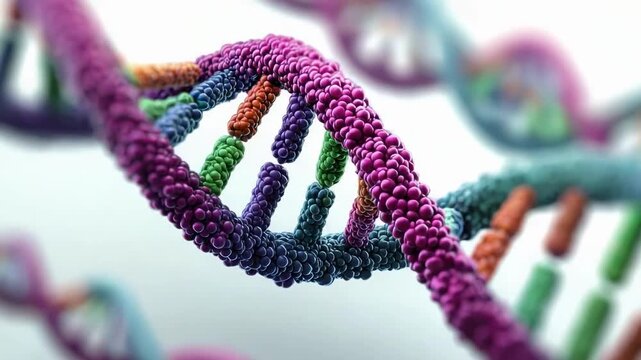 Close-up of a DNA double helix with colorful nucleotide bases.