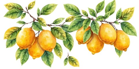 Obraz premium Watercolor illustration showcases two lemon tree branches laden with ripe, vibrant yellow fruit and lush green leaves against a pure white background.