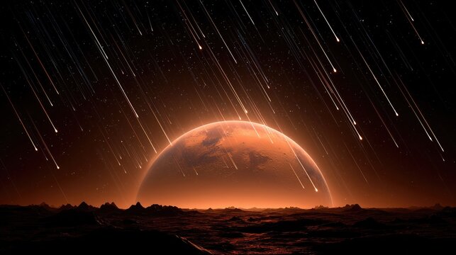 Martian landscape with a large red planet and meteor shower illuminating the starry night sky, embodying space exploration, cosmic wonder, and sci - fi art concepts.