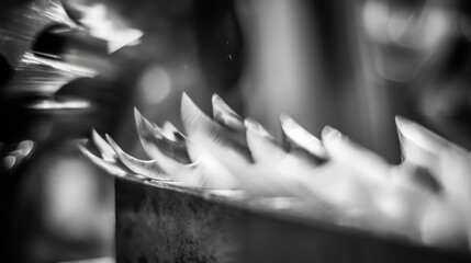 Abstract close up of metal saw blade edges in monochrome detail